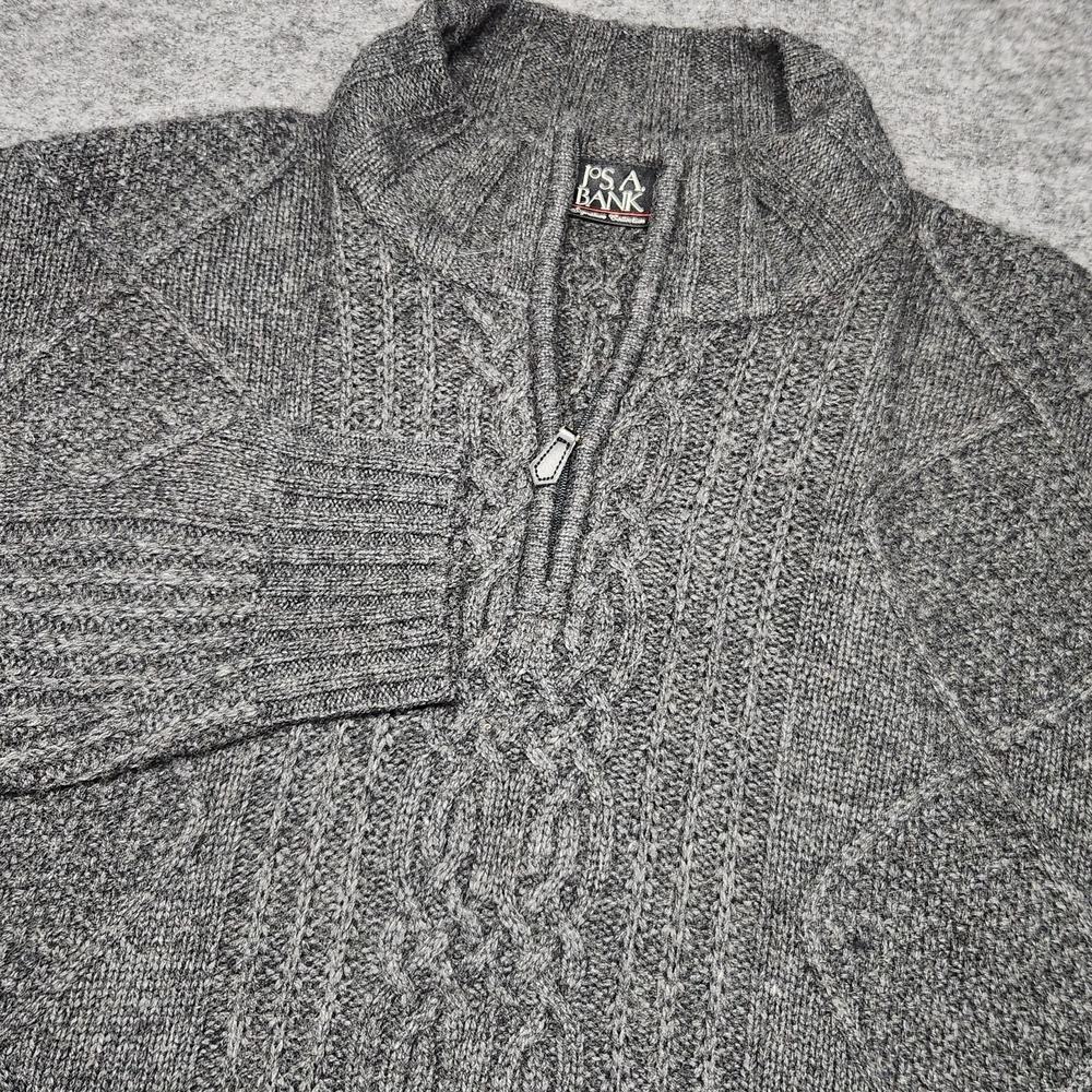 Jos A Bank Lambswool 1/4 Zip Pullover Cable Knit Sweater Grey Large Signature